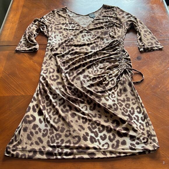 Clara Sun Woo Animal Print Slinky Knit Ruched Dress Woman Size Medium Faux Wrap - Picture 8 of 11